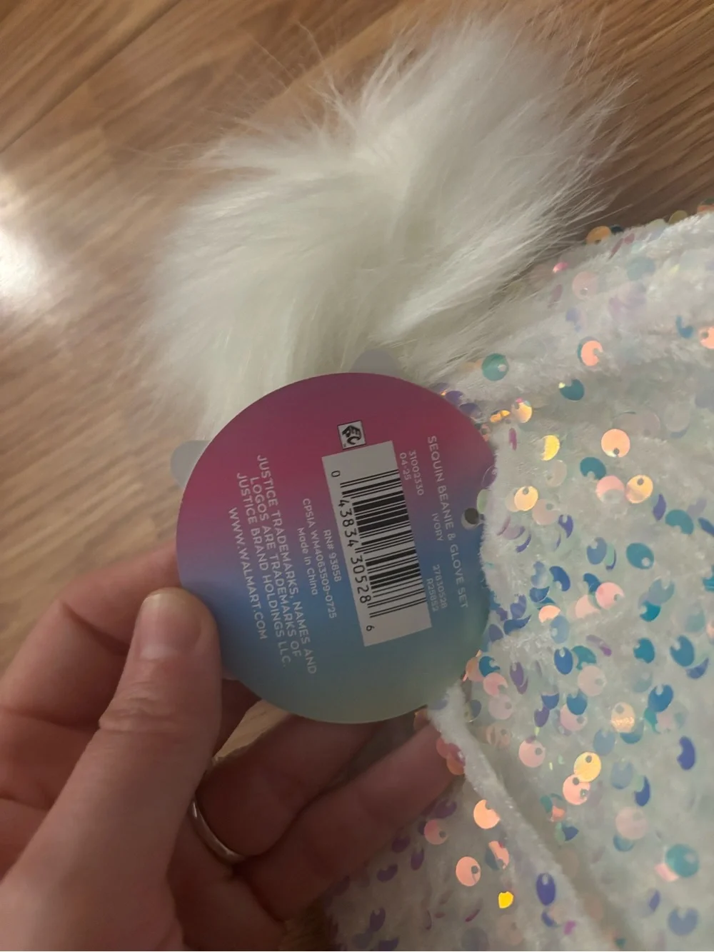 Justice White Sequin Pom-Pom Knit Hat with Matching Gloves
